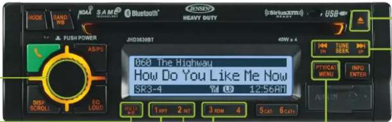 MODE SAND WB NOA® S A M® TECHOLM® Bluetooth® JENSEN HEAVY DUTY (SiriusXM) READY USB PUSH POWER JHD3638BT 45W x 4 AS/PS 068 The Highway How Do You Like Me Now SR3-4 Tel: 12:56AM DSP SCROLLI EO LOUD 1 NPT 2 NT 3 ROM 4 5 CAT 6 CAT+ TUNE DO SEEK PTY/CAT MENU INFO ENTER