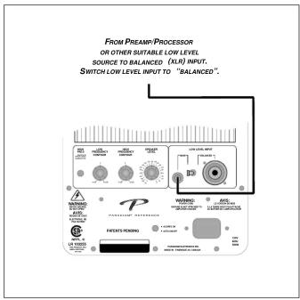 FROM PREAM/PROCESSOR OR OTHER SUITABLE LOW LEVEL SOURCE TO BALANCED (X/R) INPUT. SWITCH LOW LEVEL INPUT TO "BALANCED". PLEAM/PROCESSOR 1/100V AC 1/100V AC 1/100V AC 1/100V AC 1/100V AC 1/100V AC 1/100V AC 1/100V AC 1/100V AC 1/100V AC 1/100V AC 1/100V AC 1/100V AC 1/1