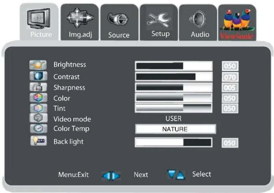 Picture Img.adj Source Setup Audio ViewSonic Brightness Contrast Sharpness Color Tint Video mode Color Temp Back light USER NATURE 050 070 005 050 050 050 Menu:Exit Next Select