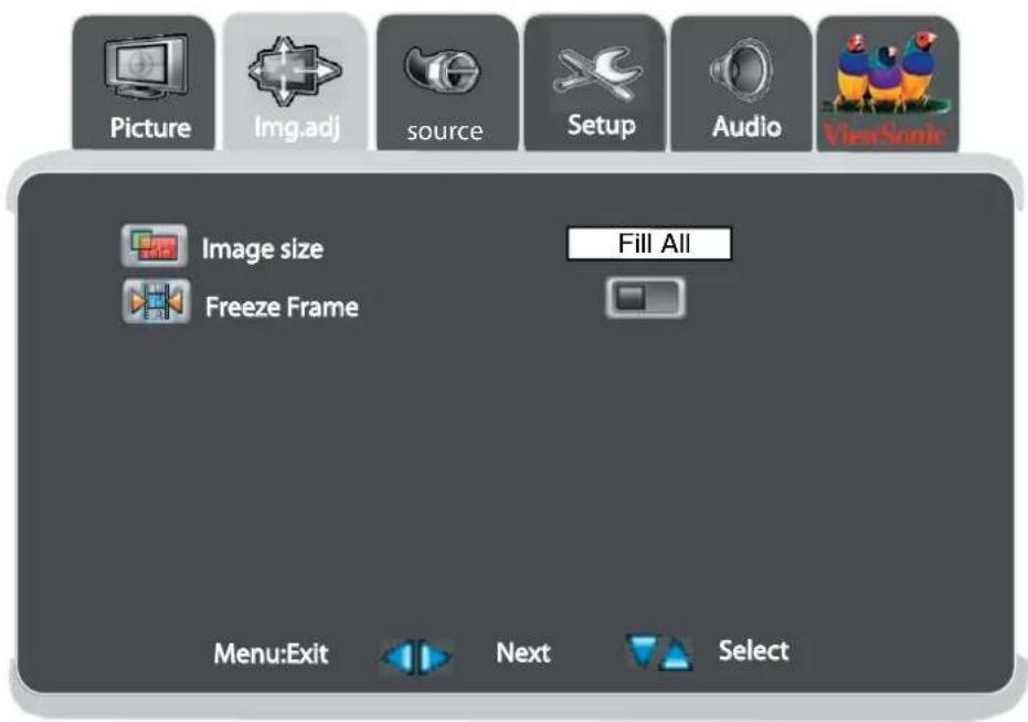Picture Img.adj source Setup Audio ViewSonic Image size Fill All Freeze Frame Menu:Exit Next Select
