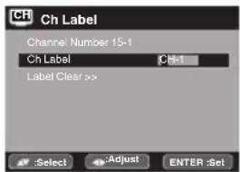 CH Label Channel Number 15-1 Ch Label CH=1 Label Clear >> :Select Adjust ENTER :Set