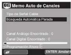 Memo Auto de Canales Tipo de Serial Cable Búsqueda Automática Parada Canal Análogo Encontrado : 0 Canal Digital Encontrado : 0 Programación Anora E ENTER: AnularS