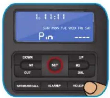 1:11:11 SUN MON TUE WED FRI SAT Pin DOWN M1 SET OUT UP M2 DEL STORE/RECALL ALARMIP HOLD