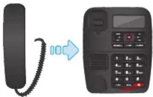 Diagram showing a telephone handset connected to a digital keypad with a red button, illustrating the connection or signal flow.