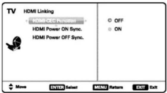 TV HDMI Linking • HDMI-CEC Function • HDMI Power ON Sync. • HDMI Power OFF Sync. ○ OFF ● ON ▲ Move ENTER Select MENU Return EXIT Exit