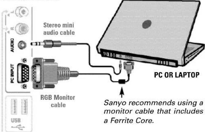 Stereo mini audio cable PC INPUT RGB Monitor cable PC OR LAPTOP Sanyo recommends using a monitor cable that includes a Ferrite Core.