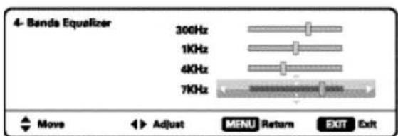 4- Bands Equalizer 300Hz 1KHz 4KHz 7KHz Move Adjust MENU Return EXIT Exit