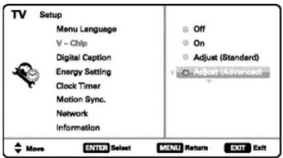 TV Setup Menu Language V - Chip Digital Caption Energy Setting Clock Timer Motion Sync. Network Information Off On Adjust (Standard) Adjust (Advanced) Move ENTER Select MENU Return EXIT Exit