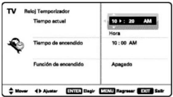 TV Reloj Temporizador Tiempo actual 10:20 AM Hora Tiempo de encendido 10:00 AM Función de encendido Apagado Mover Ajustar ENTER Elegir MENU Regresar EXIT Salir