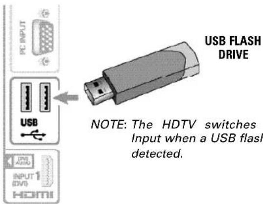 PC INPUT USB USB FLASH DRIVE NOTE: The HDTV switches Input when a USB flash detected. INPUT (DVD) HDMI