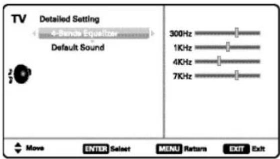 TV Detailed Setting 4-Bands Equalizer Default Sound 300Hz 1KHz 4KHz 7KHz Move ENTER Select MENU Return EXIT Exit