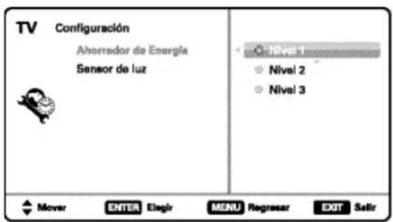 TV Configuración Ahorredor de Energía Sensor de luz Mover ENTER Elegir MENU Regresar EXT Selir