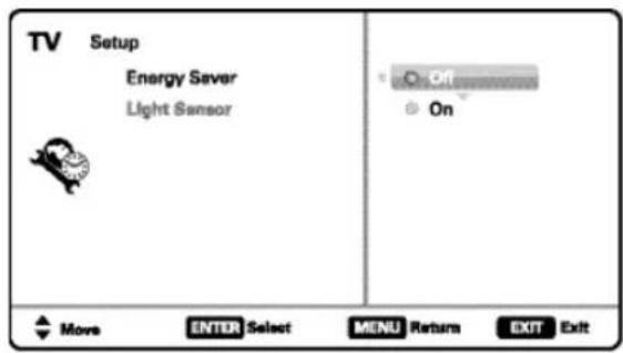 TV Setup Energy Sever Light Sensor Off On Move ENTER Select MENU Return EXIT Exit