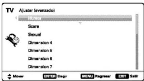 TV A(ustar (avanzado) Humor Scare Sexual Dimension 4 Dimension 5 Dimension 6 Dimension 7 Mover ENTER Elagir MENU Regresar EXIT Salir