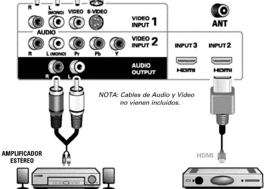 R L (MONO) VIDEO S-VIDEO VIDEO INPUT 1 AUDIO R L (MONO) Pr Pb Y VIDEO INPUT 2 AUDIO OUTPUT R L NOTA: Cables de Audio y Video no vienen incluidos. ANT INPUT 3 INPUT 2 HDMI HDMI AMPLIFICADOR ESTÉREO HDMI