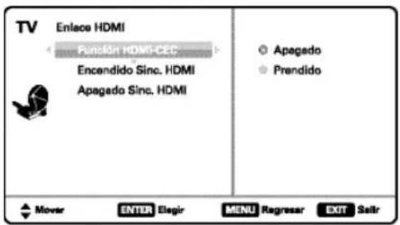 TV Enlace HDMI Functión HDMI-CEC Encendido Sinc. HDMI Apagado Sinc. HDMI Apagado Prendido Mover ENTER Elegir MENU Regresar EXIT Salir