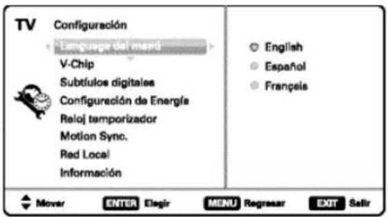 TV Configuración Language del mardi V-Chip Subtulos digitales Configuración de Energía Reloj temporizador Motion Sync. Red Local Información English Español Françésia Mover ENTER Elegir MENU Regresar EXIT Sellir
