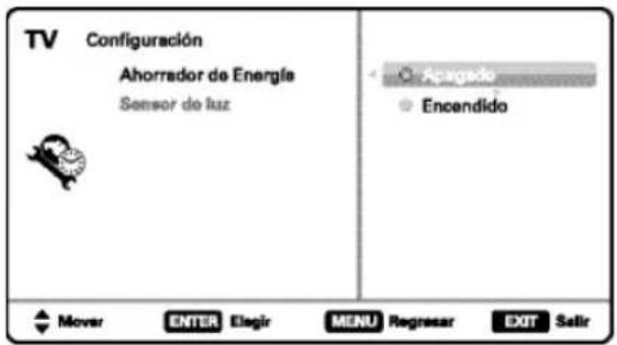TV Configuración Ahorrador de Energía Sensor de luz Acargado Encendido Mover ENTER Elegir MENU Regresar EXIT Salir