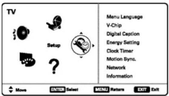 TV Setup Menu Language V-Chip Digital Caption Energy Setting Clock Timer Motion Sync. Network Information Move ENTER Select MENU Return EXIT Exit