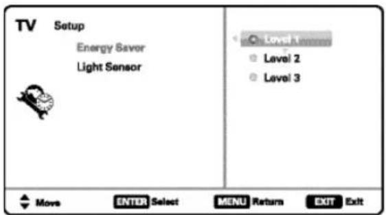 TV Setup Energy Saver Light Sensor Level 1 Level 2 Level 3 Move ENTER Select MENU Return EXIT Exit
