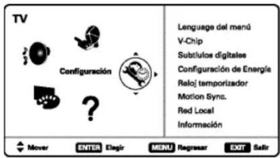 TV Configuración Language del menú V-Chip Subtítulos digitales Configuración de Energía Reloj temporizador Motion Sync. Red Local Información Mover ENTER Elegir MENU Registrar EXIT Salir