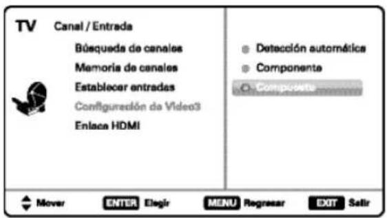 TV Canal / Entrada Búsqueda de canales Memoria de canales Establecer entradas Configuredón de Video3 Enlace HDMI Detección automatística Componente Composite Mover ENTER Elegir MENU Regresar EXIT Salir