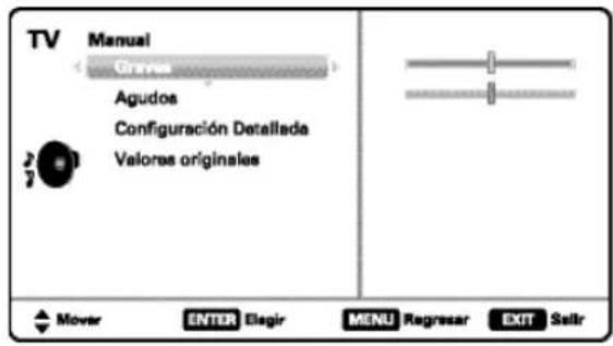 TV Manual Graves Agudos Configuración Detallada Valores originales Mover ENTER Elegir MENU Regresar EXIT Saltr