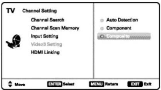 TV Channel Setting Channel Search Channel Scan Memory Input Setting Video3 Setting HDMI Linking Auto Detection Component Composite Move ENTER Select MENU Returns EXIT Exit