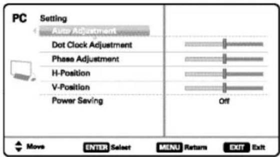 PC Setting Auto Adjustment Dot Clock Adjustment Phase Adjustment H-Position V-Position Power Saving Off Move ENTER Select MENU Return EXIT Exit