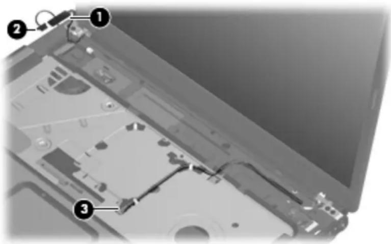 Labeled diagram of a laptop showing three numbered components for assembly or repair.