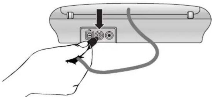 Illustration of a hand inserting a cable into a device with an icon on the port (no text or symbols).