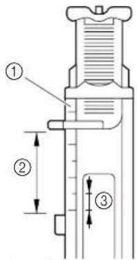 Technical diagram of a mechanical device with numbered parts and dimension lines
