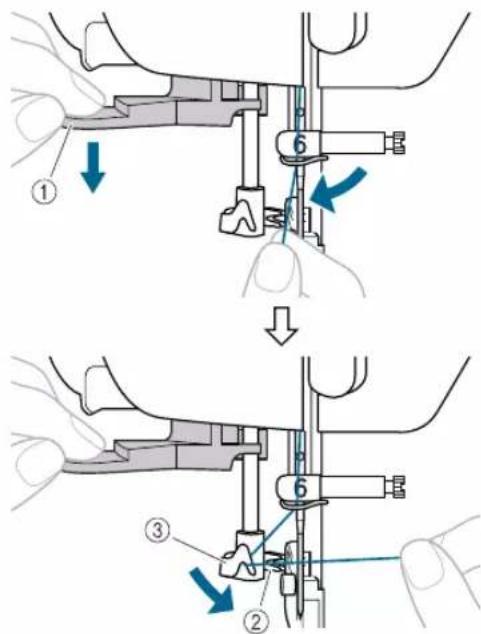 Technical diagram showing two-step assembly of a sewing machine tool, with numbered steps and directional arrows indicating motion.