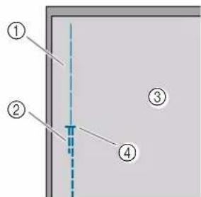 Diagram showing four labeled components (① to ④) with a vertical dashed line and a blue arrow pointing to component ②.