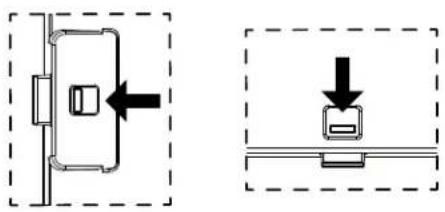Technical diagram showing a door mechanism with an arrow indicating left motion and a close-up of the door assembly with a downward arrow.