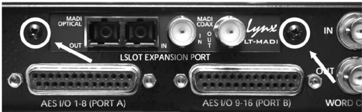 MADI OPTICAL OUT IN MADI COAX LT-MADI IN LSLOT EXPANSION PORT AES I/O 1-8 (PORT A) AES I/O 9-16 (PORT B) WORD C OUT