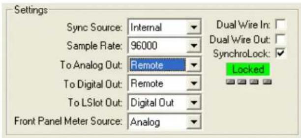 Settings Sync Source: Internal Sample Rate: 96000 To Analog Out: Remote To Digital Out: Remote To LSlot Out: Digital Out Front Panel Meter Source: Analog Dual Wire In: Dual Wire Out: SynchroLock: Locked