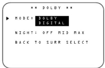 ** DOLBY ** MODE: DOLBY DIGITAL NIGHT: OFF MID MAX BACK TO SURR SELECT
