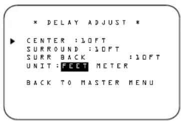 * DELAY ADJUST * ► CENTER : 10FT SURROUND : 10FT SURR BACK : 10FT UNIT : FEET METER BACK TO MASTER MENU