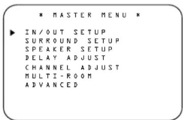 * MASTER MENU * ▶ IN/OUT SETUP SURROUND SETUP SPEAKER SETUP DELAY ADJUST CHANNEL ADJUST MULTI-ROOM ADVANCED