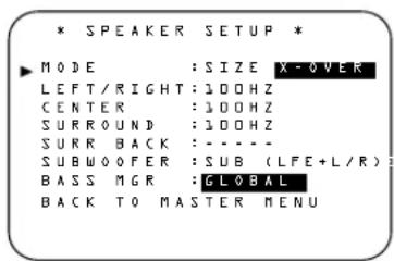 * SPEAKER SETUP * ► MODE : SIZE X-OVER LEFT/RIGHT: 100HZ CENTER : 100HZ SURROUND : 100HZ SURR BACK : - - - - SUBWOOFER : SUB (LFE+L/R) : BASS MGR : GLOBAL BACK TO MASTER MENU