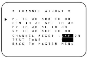 * CHANNEL ADJUST * ► FL : 0 dB SBR : 0 dB CEN : 0 dB SBL : 0 dB FR : 0 dB SL : 0 dB SR : 0 dB SUB : 0 dB CHANNEL RESET : OFF ON TEST TONE : BACK TO MASTER MENU