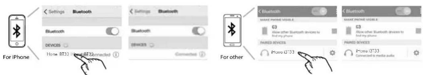 For iPhone Settings Bluetooth Bluetooth DEVICES iHome iBT33 iHome iBT33 connected Settings Bluetooth Bluetooth DEVICES Connected For other Bluetooth MAKE PHONE VISIBLE G3 Allow other Bluetooth devices to find my phone PAIRED DEVICES iHome iBT33 Bluetooth MAKE PHONE VISIBLE G3 Allow other Bluetooth devices to find my phone PAIRED DEVICES iHome iBT33 Connected to media audio