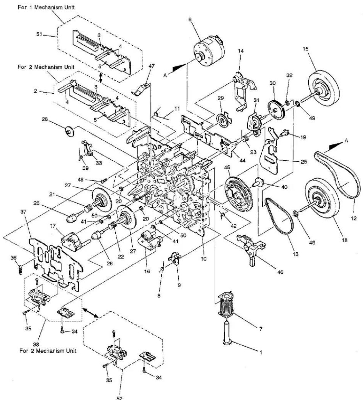 For 1 Mechanism Unit 51 For 2 Mechanism Unit 2 28 39 33 48 27 21 26 37 17 36 35 38 For 2 Mechanism Unit 34 35 52 34 35 1 6 47 11 29 14 15 30 32 31 49 19 23 44 45 40 42 16 8 9 10 46 13 49 18 A A