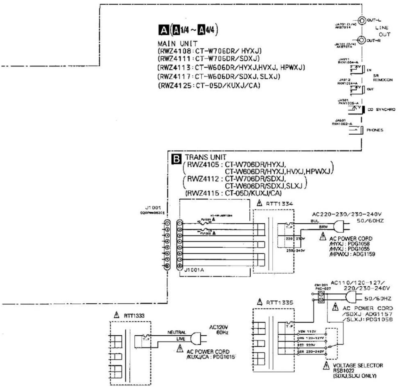 A (A 1/4 ~ A 4/4) MAIN UNIT (RWZ4108: CT-W706DR/HYXJ) (RWZ4111: CT-W706DR/SDXJ) (RWZ4113: CT-W606DR/HYXJ,HVXJ,HPWXJ) (RWZ4117: CT-W606DR/SDXJ,SLXJ) (RWZ4125: CT-05D/KUXJ/CA) B TRANS UNIT (RWZ4105: CT-W706DR/HYXJ, CT-W606DR/HYXJ,HVXJ,HPWXJ) (RWZ4112: CT-W706DR/SDXJ, CT-W606DR/SDXJ,SLXJ) (RWZ4115: CT-05D/KUXJ/CA) AC 220-230/230-240V 50/60HZ AC POWER CORD /HYXJ: PDG1058 /HVXJ: PDG1055 /HPWXJ: ADG1159 RTT1334 J1001 020Pw08205 J1001A NT-EM-AEET1284 RJ1001 N1-EM-AEET1284 RJ1002 RJ1003 RJ1004 RJ1005 RJ1006 RJ1007 RJ1008 RJ1009 RJ101A AC 220-230V 230-240V AC POWER CORD /SDXJ ADG1157 /SLXJ: PDG1058 RTT1335 CH1201 PJC-027 AC 110/120-127/ 220/230-240V 50/60HZ AC POWER CORD /SDXJ ADG1157 /SLXJ: PDG1058 VOLTAGE SELECTOR RSB1022 (SDXJ,SLXJ ONLY)