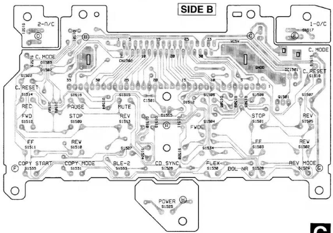 SIDE B 2-0/C 12516 D B 1 5 15 25 33 VC5V C 1-0/C S1517 E C. MODE C. MODE D1503 D1502 CN1502 10 20 30 GNDD IC1501 C. RESET S1518 S1522 35 30 25 20 15 10 5 1 C. RESET S1514 REC FWD S1512 S1516 PAUSE STOP S1509 S1510 S1515 MUTE REV S1513 C1501 D1512 S1508 D1513 S1504 S1508 Q1501 S1507 STOP S1501 REV S1505 FF S1511 REW S1510 S1527 FWD S1534 EF S1503 REW S1502 COPY START COPY MODE BLE-2 CD. SYNC FLEX REV MODE S1535 S1531 S1533 S1526 S1530 DOL-NR S1526 S1529 G POWER H S1525