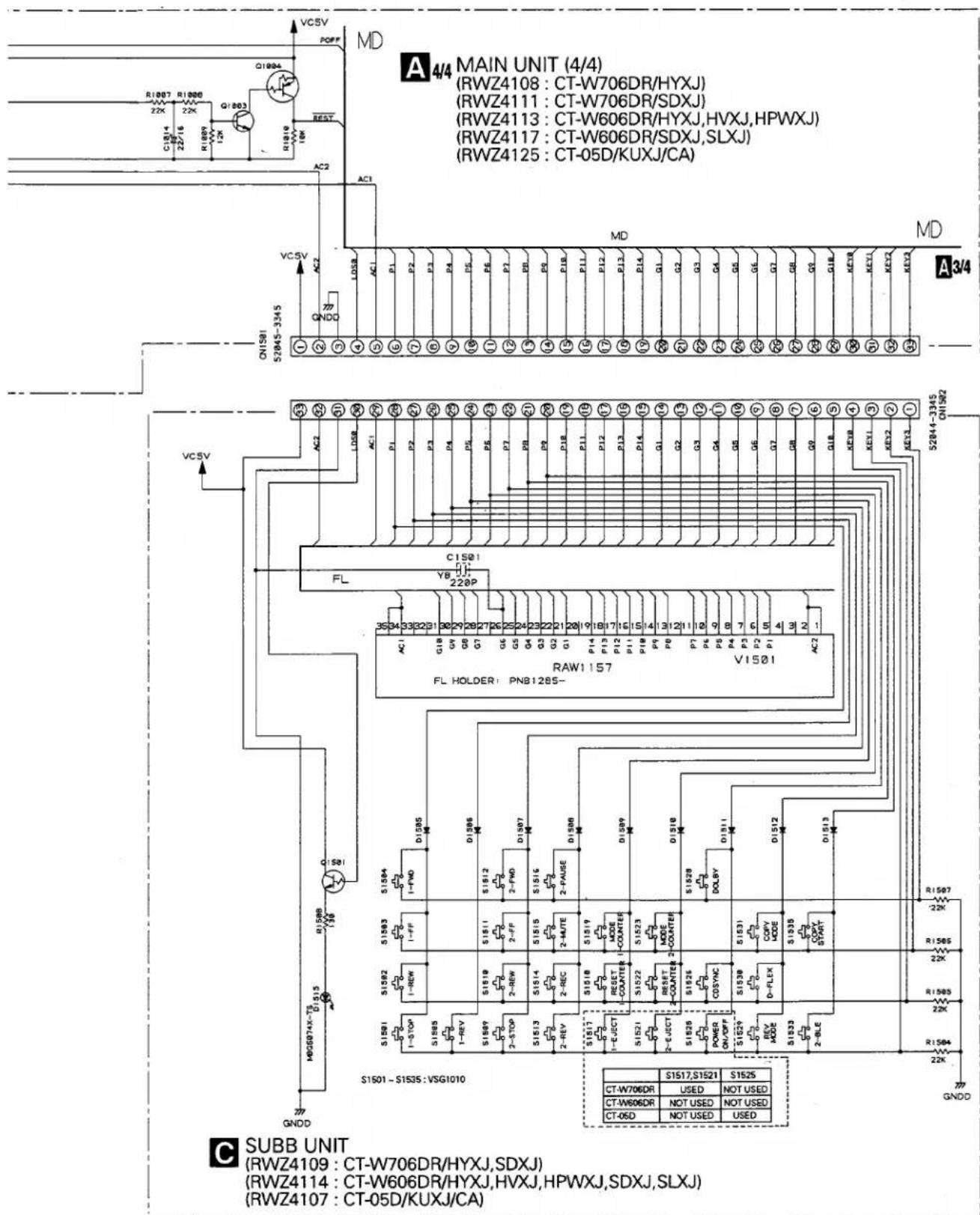 A 4/4 MAIN UNIT (4/4) (RWZ4108: CT-W706DR/HYXJ) (RWZ4111: CT-W706DR/SDXJ) (RWZ4113: CT-W606DR/HYXJ,HVXJ,HPWXJ) (RWZ4117: CT-W606DR/SDXJ,SLXJ) (RWZ4125: CT-05D/KUXJ/CA) A 3/4 C SUBB UNIT (RWZ4109: CT-W706DR/HYXJ,SDXJ) (RWZ4114: CT-W606DR/HYXJ,HVXJ,HPWXJ,SDXJ,SLXJ) (RWZ4107: CT-05D/KUXJ/CA)