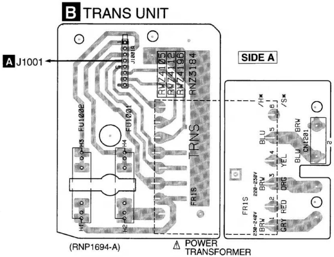 B TRANS UNIT A J1001 J1001R RWZ4105 RWZ4112 RWZ4196 RNZ3184 FU1002 H3 H4 FR1S TRNS SIDE A (RNP1694-A) △ POWER TRANSFORMER FR1S 220-230V BRW 1 2 GRY RED YEL BLU BLU BRW CN1201 /HS* 6 /S* 250-240V BRW 1 2 ORG POWER TRANSFORMER