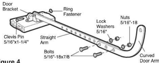 Door Bracket Clevis Pin 5/16"x1-1/4" Straight Arm Ring Fastener Lock Washers 5/16" Nuts 5/16"-18" Bolts 5/16"-18x7/8" Curved Door Arm Figure 4