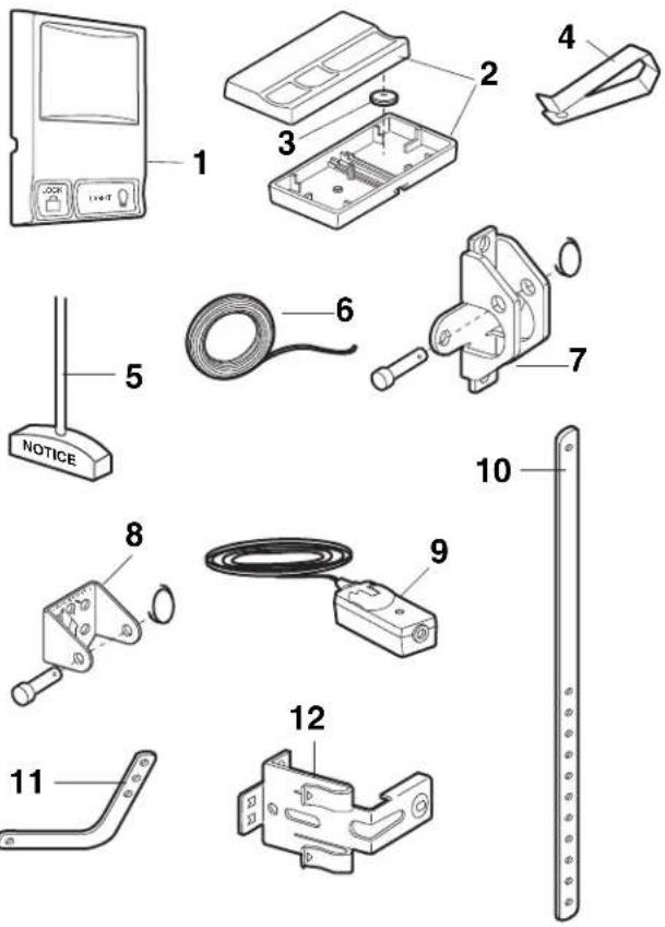 Exploded view diagram of a device with numbered parts including a monitor, cable, and bracket assembly